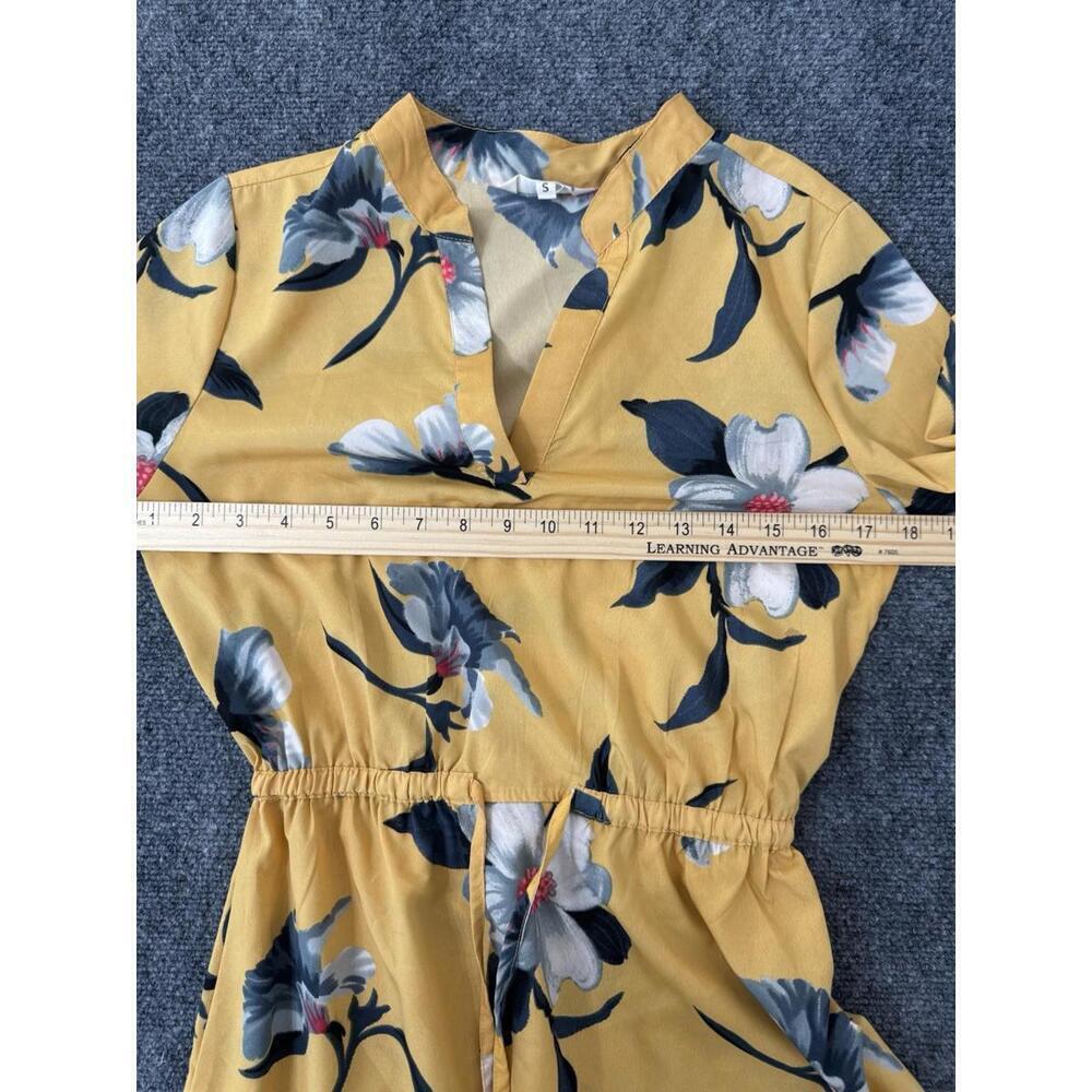 Hint of Blush Yellow Floral Mini Dress S 3/4 Sleeve Draw String Waist Boho - Picture 6 of 8